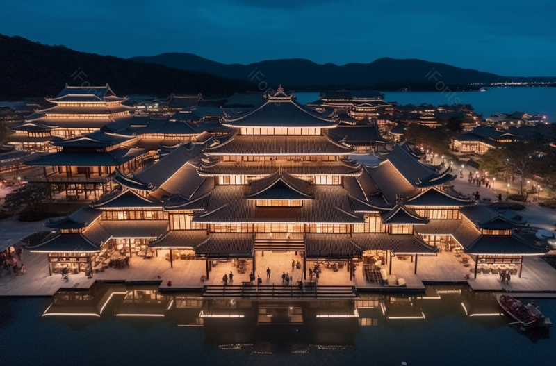 黄色灯光夜景水乡航拍图,高清,摄影图,摄影图片,图片大全,摄影图免费下载
